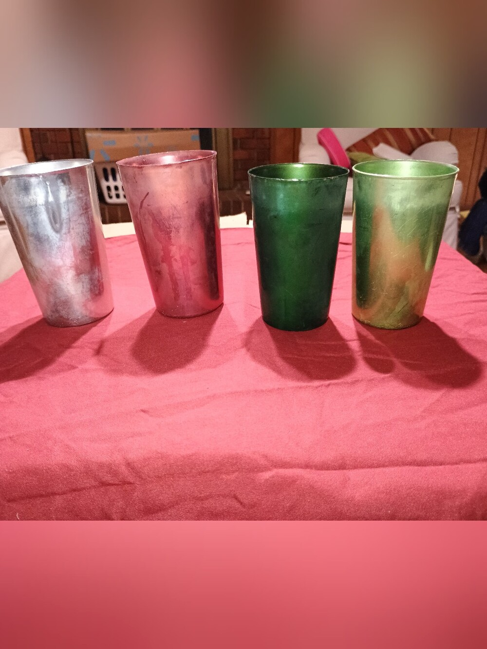 Vintage Set of 4 Bascal Aluminum Colored Tumblers Green, Red, and Silver 4.5 in